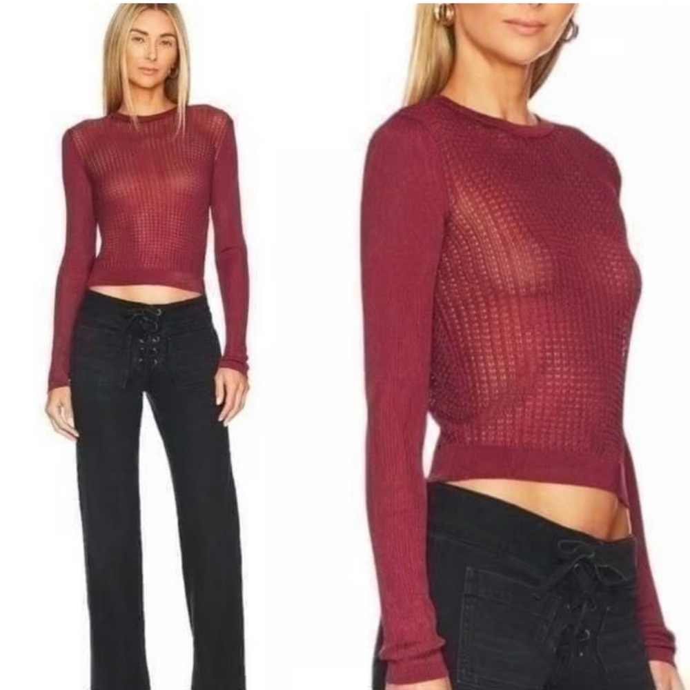 Free People H2O Sheer Knit Crew Pullover in Raw Garnet SzL NWT